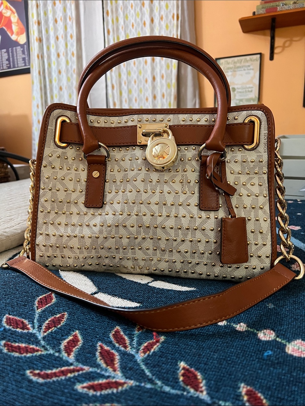 Michael Kors Beige Satchel with Brown Leather and Gold Accents